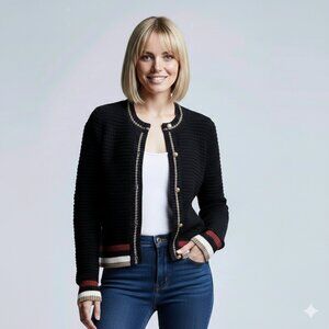 L'AGENCE Archer XX-Small Black Metallic Striped Ribbed-knit Cardigan Sweater EUC